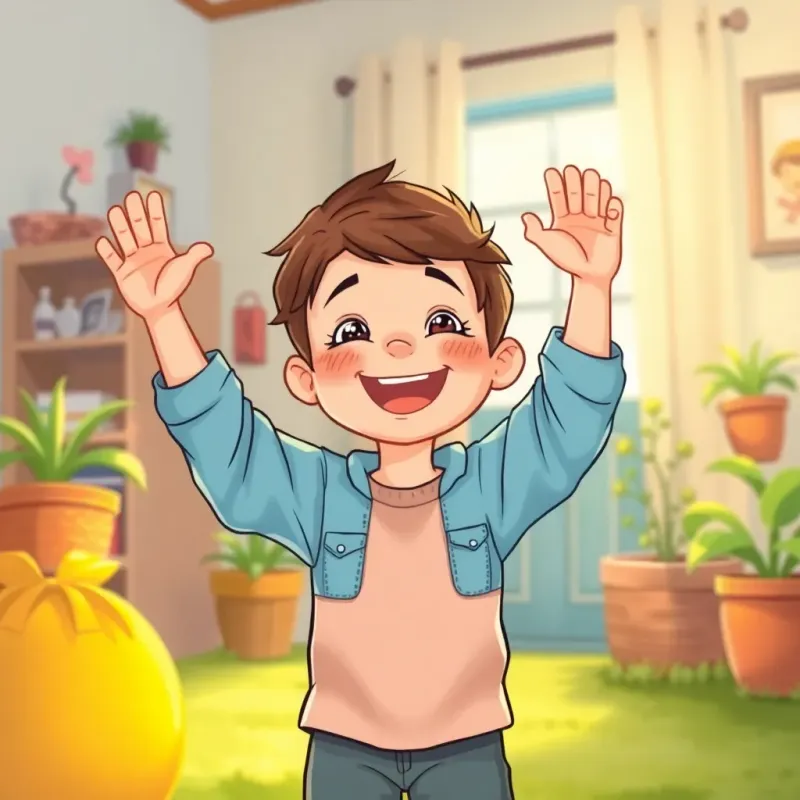 A joyful child feeling proud after helping, home filled with love, bright colors, warm lighting, uplifting scene, family-friendly, detailed art