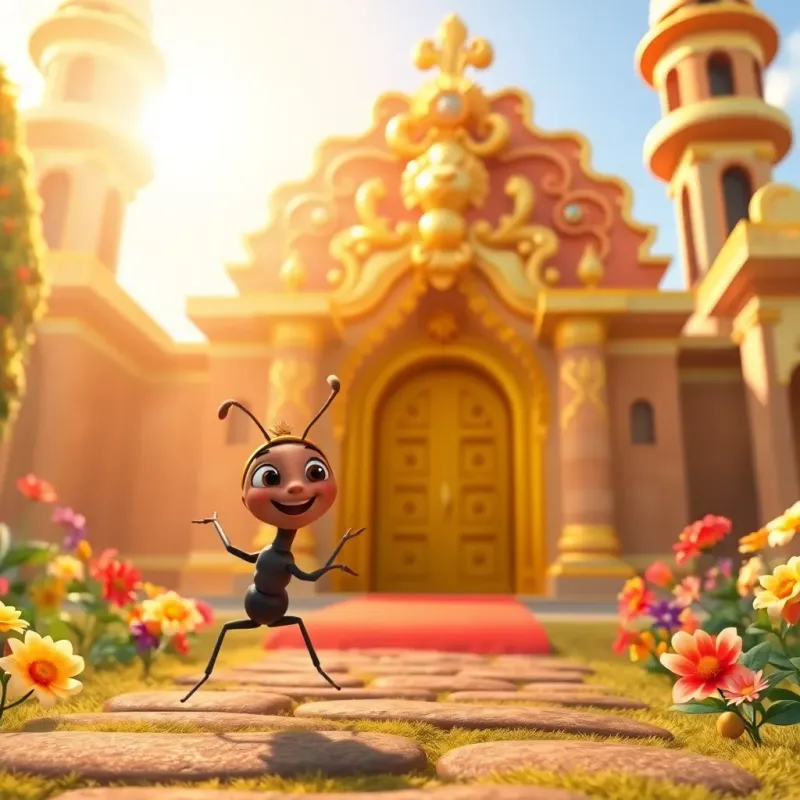 A small ant, Noura, with a bright smile, wearing a tiny hat, excitedly hopping towards a grand lion palace with a golden door, sunlight shining, colorful flowers around, joyful atmosphere, digital art, cheerful