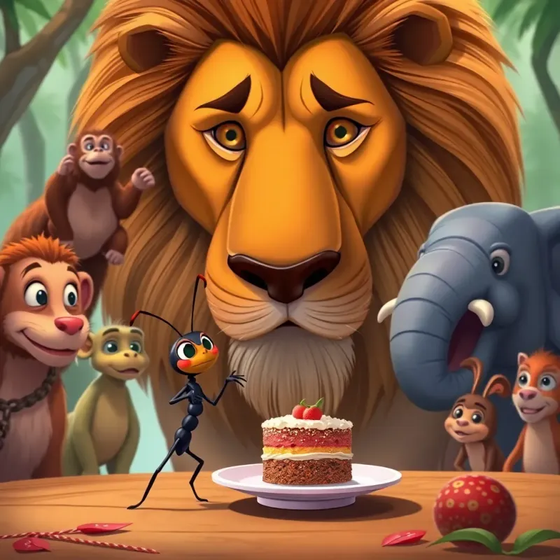 Noura, the ant, nervously holding a tiny plate with a small piece of cake in front of a big lion, surrounded by other animals like monkeys and elephants, all looking curious, detailed illustration, fun and engaging scene, vibrant colors