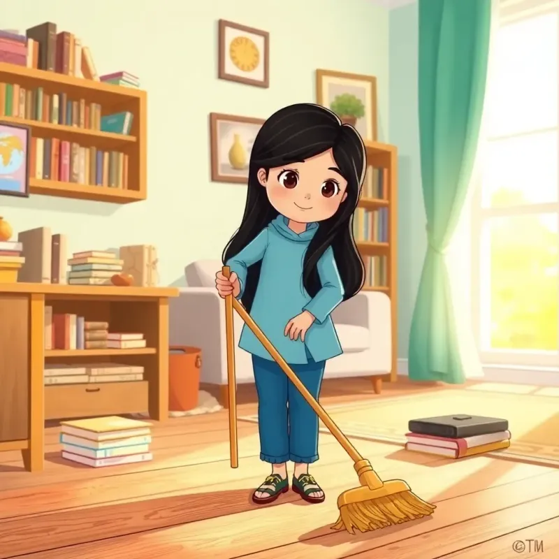 Zeinab, a young girl with long black hair, sweeping the floor with a broom in a tidy living room, her mother arranging books nearby, bright sunlight coming through the window, illustration, vibrant and lively, family-friendly