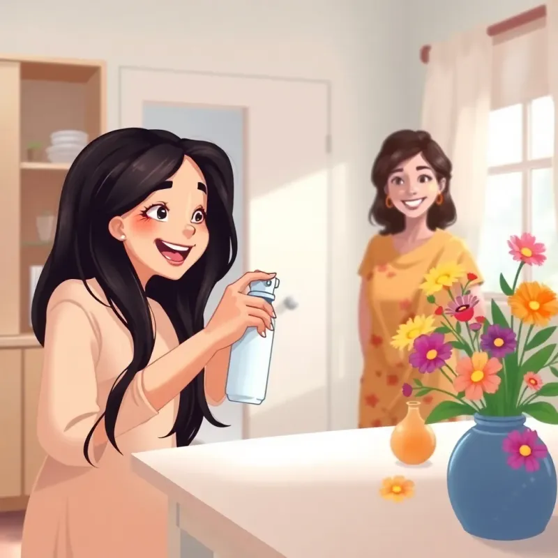 Zeinab, a young girl with long black hair, happily spraying air freshener in a clean room, her mother smiling at her, colorful flowers on the table, digital painting, realistic, joyful