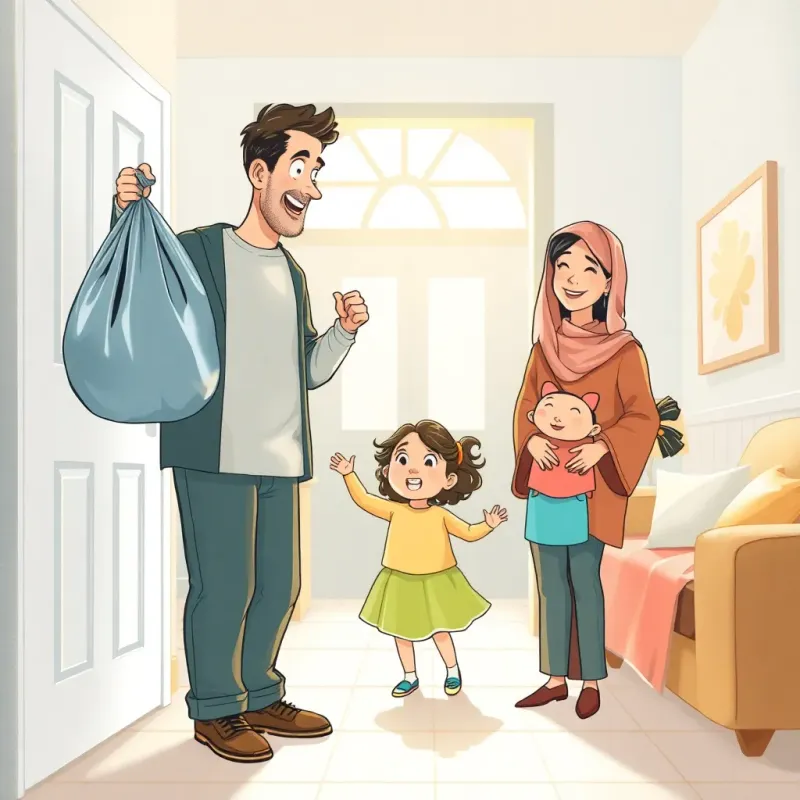 A father coming home with a garbage bag, surprised to see a clean house, smiling at his daughter Zeinab and her mother, warm light, cheerful and inviting atmosphere, family scene
