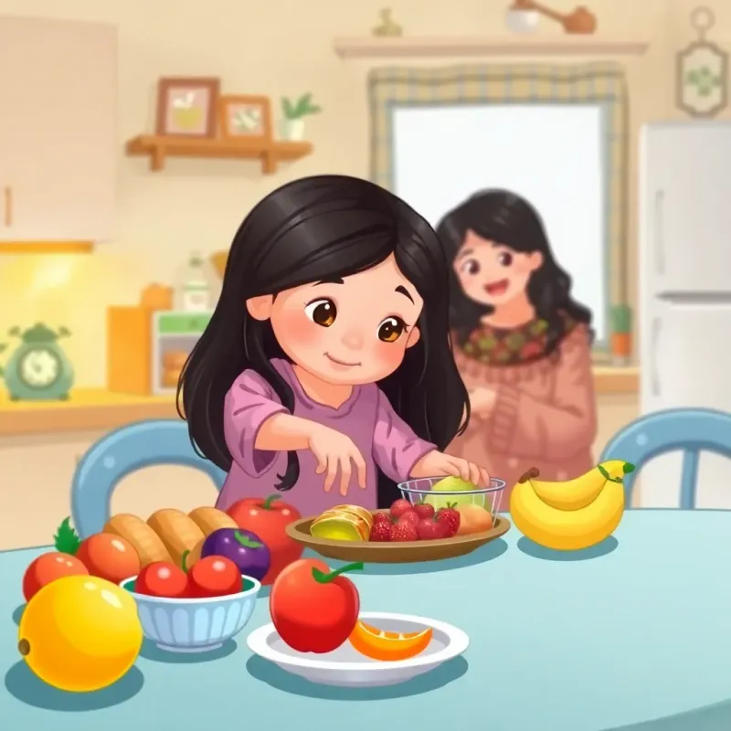 Zeinab, a young girl with long black hair, setting fruits on a table for a snack, a cozy kitchen, her parents smiling at her, homely and warm, digital art, bright colors, high quality