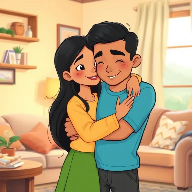 Zeinab, a young girl with long black hair, feeling proud and happy with her cleaning job, hugging her father in a cozy living room, warm lighting, candid moment