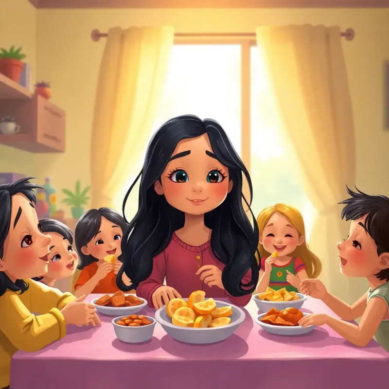 Zeinab, a young girl with long black hair, with her family gathered at the table, enjoying snacks together in a vibrant home, warm light, family love, digital painting, uplifting atmosphere