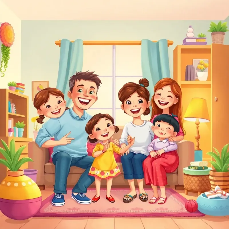 A family enjoying a happy moment in a newly cleaned home, colorful decorations around, cheerful expressions, warm lighting, cozy mood, family art