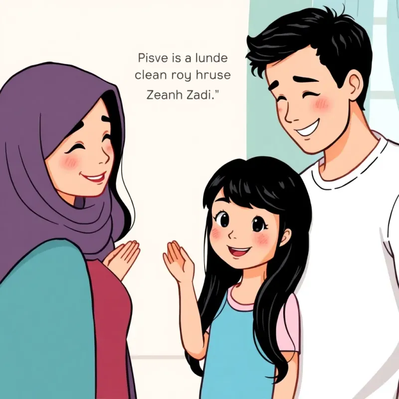 Zeinab, a young girl with long black hair, receiving praise from her mother and father for helping clean the house, smiling faces, family bond, digital art, heartwarming scene