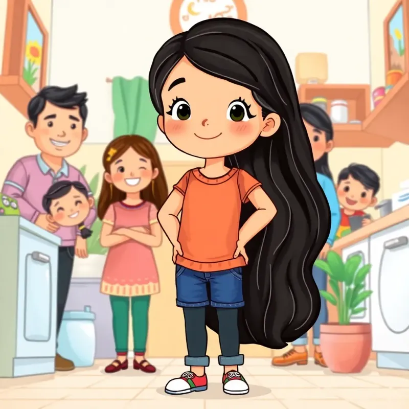 Zeinab, a young girl with long black hair, standing proudly in her clean home, surrounded by her happy parents, vibrant colors, joyful atmosphere, celebration of teamwork