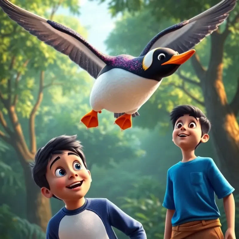 A colorful flying penguin with sparkly feathers soaring above James and his friend Hossam, who is a young Arab boy with short black hair and wearing a blue shirt, amazed expressions, lush forest background, vibrant colors, fantasy scene