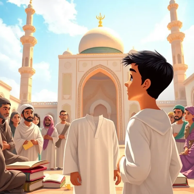 A young Arab boy, Musab bin Umair, with short black hair wearing a simple thobe, standing in front of a beautiful mosque in Medina, speaking with a group of eager listeners, books and scrolls around them, digital painting, bright sunlight, inviting scene, high quality