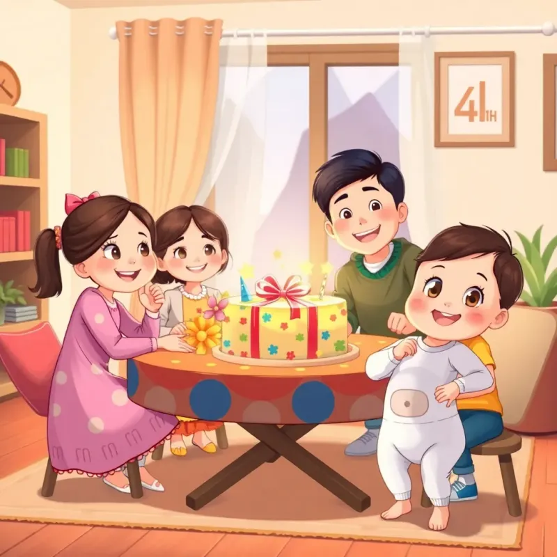 A happy family gathered around a colorful birthday table in a cozy living room, جَنة (8 years old, wearing a bright dress) smiling as she holds a beautifully wrapped gift, مِنّة (almost 2 years old, in a cute onesie) looking excited with wide eyes, warm and festive setting, illustration, joyful scene, quality