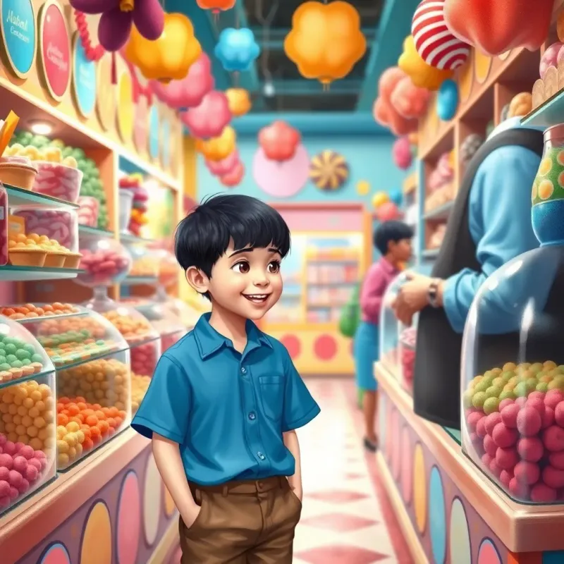 منتظر, a young boy with short black hair wearing a blue shirt and brown shorts, smiling while talking to a friendly shopkeeper in a colorful store filled with candy, bright and cheerful, inviting atmosphere, high quality