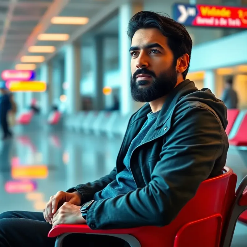A middle-eastern man, Mehran, with dark hair and beard, wearing casual clothes, sitting on a red plastic chair in Charles de Gaulle airport, looking around with hopeful eyes, digital art, warm colors, inviting atmosphere, high quality