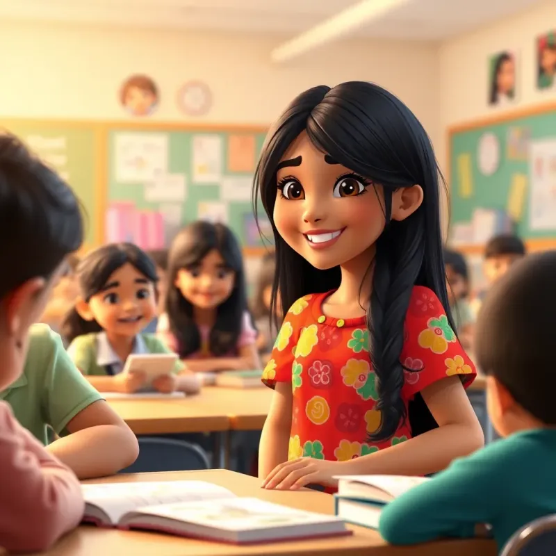 A young Arab girl, Nora, with long black hair in a colorful dress, helping her classmates in a bright classroom filled with books, smiling brightly, interaction with a teacher, warm colors, realistic, engaging scene, high quality