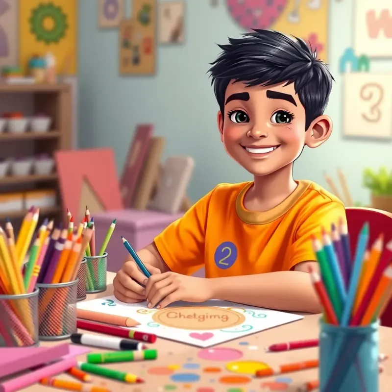 A young Arab boy, Sami, with short black hair wearing a bright t-shirt, sitting at a table filled with colorful art supplies, drawing and creating a greeting card with a cheerful smile, digital art, vibrant colors, creative atmosphere, high quality