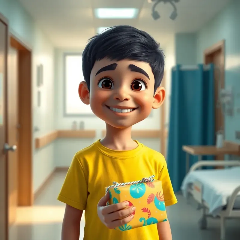 A young Arab boy, Sami, with short black hair wearing a bright t-shirt, entering a hospital room with a big smile, holding a gift wrapped in colorful paper, bright hospital room, digital art, warm lighting, hopeful atmosphere, high quality