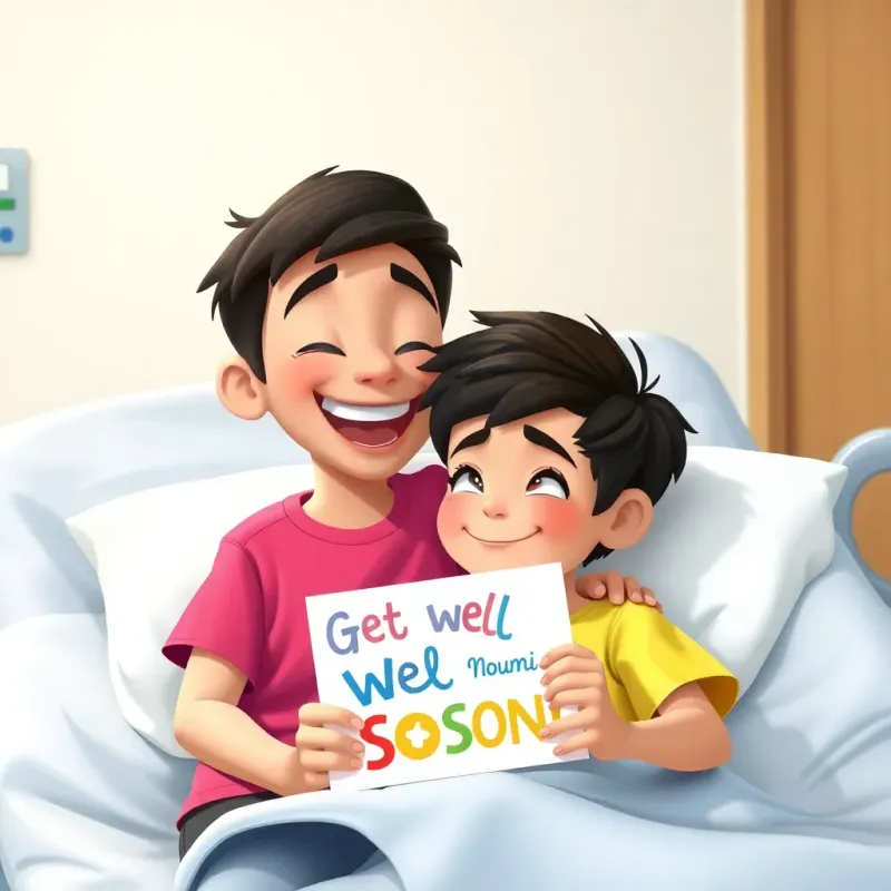 A young Arab boy, Sami, with short black hair wearing a bright t-shirt, laughing joyfully with a boy named Mounsef who has a slight smile, sitting in a hospital bed with a colorful get-well-soon card, digital art, heartwarming scene, bright and cheerful, high quality