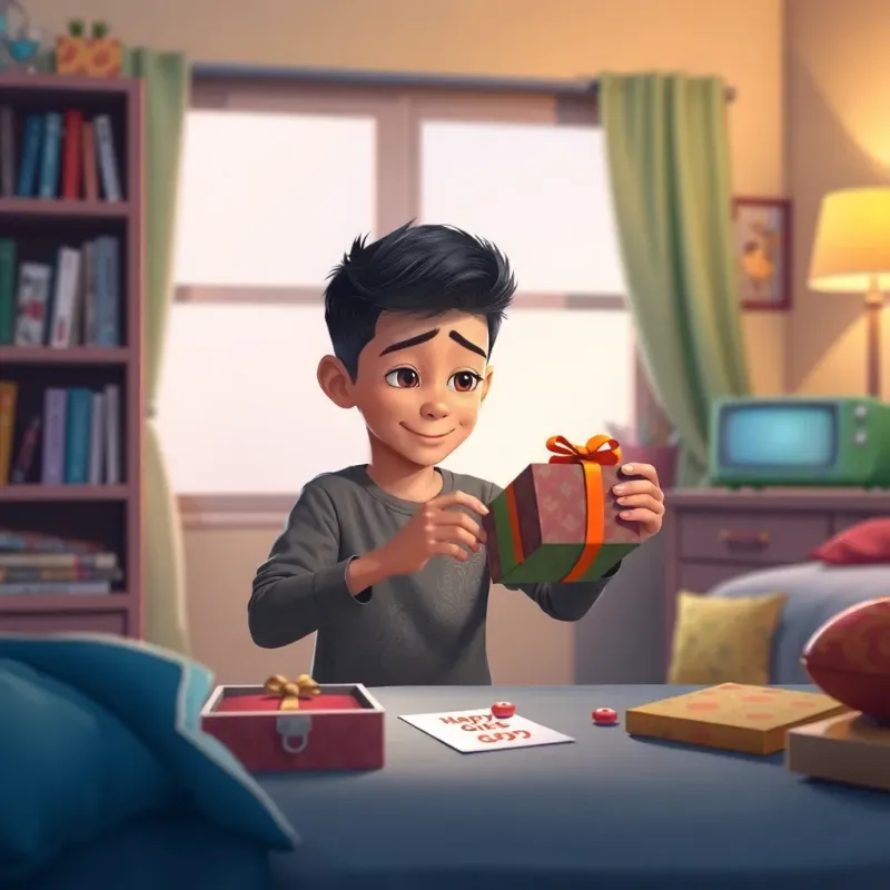 Yassine preparing a small gift in his room, with a colorful box, candies, a colorful card beside him, focused expression, bright and clear lighting, organized workspace, child-friendly, detailed illustration