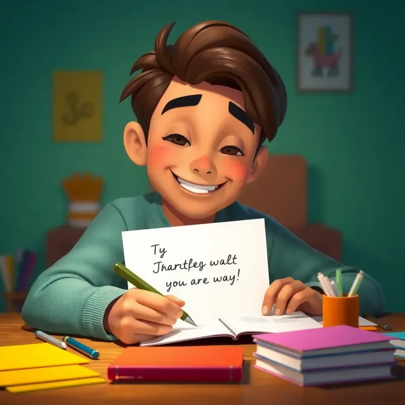 Yassine writing a heartfelt message on a card, smiling, surrounded by colorful stationery, soft light, inviting atmosphere, high-quality digital art, engaging and cheerful