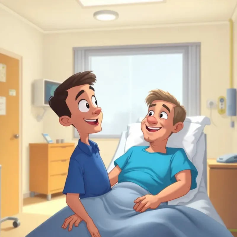 The hospital room with Ali, an adult man with short hair, wearing a blue shirt, sitting on the bed and looking at Yassine with surprise and joy as Yassine enters, bright and hopeful lighting, cheerful environment, high-quality illustration