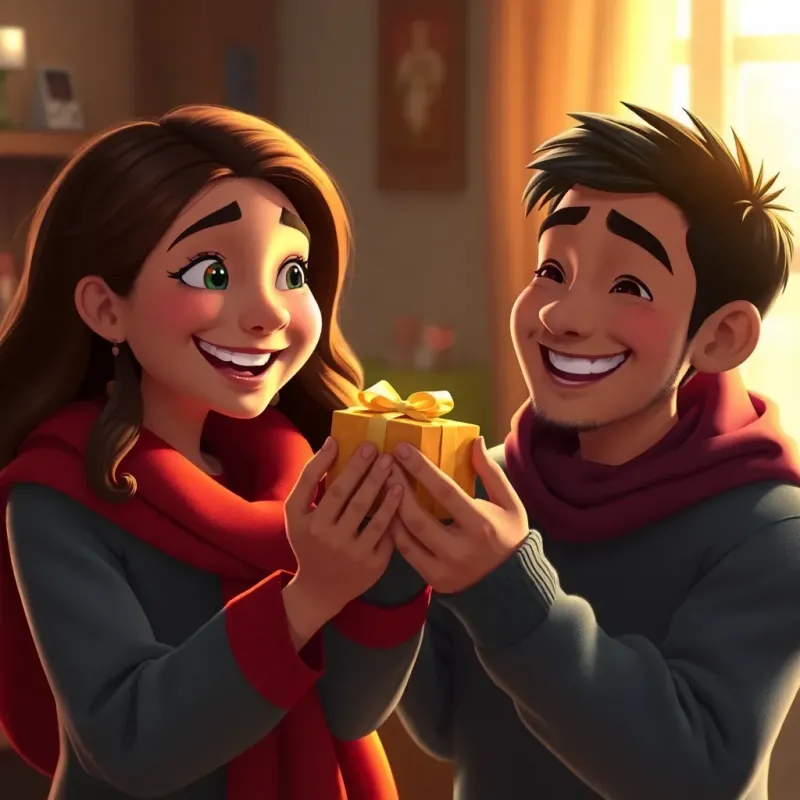 Yassine giving the small gift to Ali, with wide smiles on their faces, warm lighting, happiness filling the scene, detailed digital painting, positive emotions