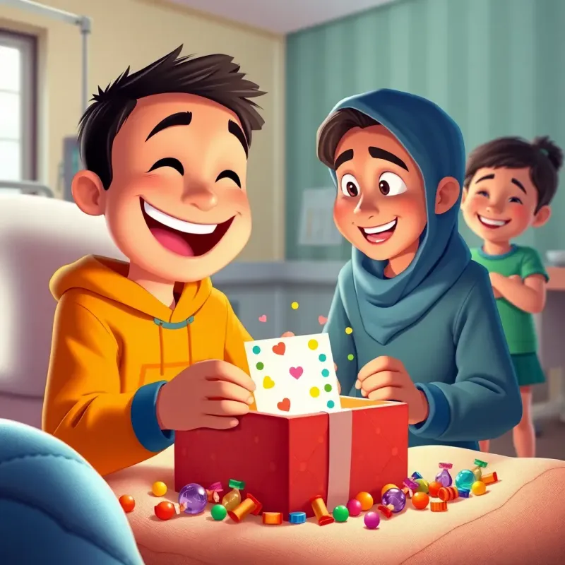 Ali opening the gift with a big smile, surrounded by candies and the colorful card, Yassine watching with joy, cozy hospital room, bright colors, heartwarming atmosphere, high-quality digital art
