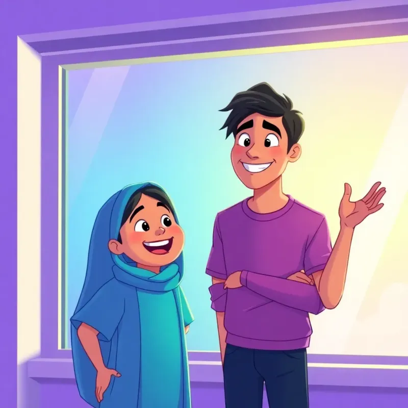 Yassine feeling excited to see a big smile on Ali’s face, standing near the hospital window with a purple and green atmosphere, feeling heartwarming light coming through, cheerful expression, vibrant colors, engaging illustration