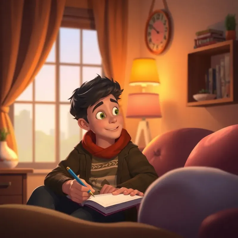 Yassine back home, reflecting on his visit, writing in a journal about his experience, warm and soft lighting in his room with happy memories, cozy atmosphere, artistic, high-quality digital art