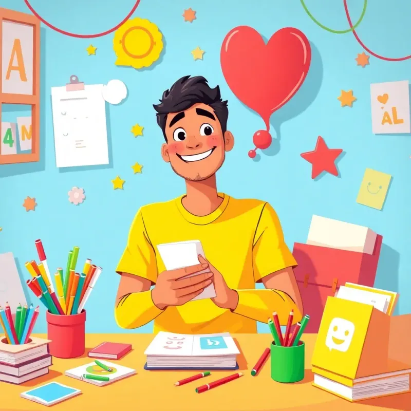 Yassine continuing to think of ways to make others smile, smiling and creating cards again, colorful stationery surrounding him, bright and enthusiastic environment, joy in his heart, vibrant colors, child-friendly style