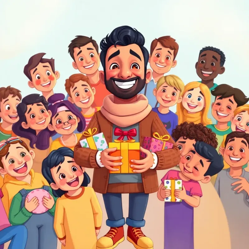 A montage showing Yassine giving different gifts to various people with joyful faces all around him, colorful setting, diverse emotions, high-quality digital illustration, community feel