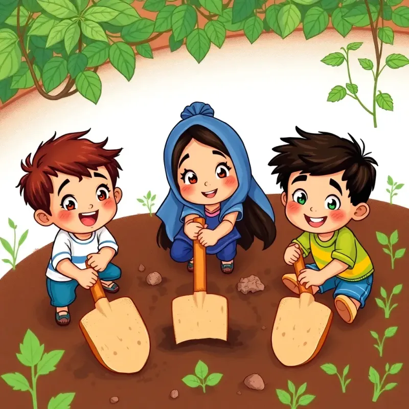 Three enthusiastic children, Saeed, Laila, and Omar, digging in the garden with shovels, surrounded by dirt and plants, expressions of excitement and curiosity, colorful, cheerful scene, adventure-themed artwork