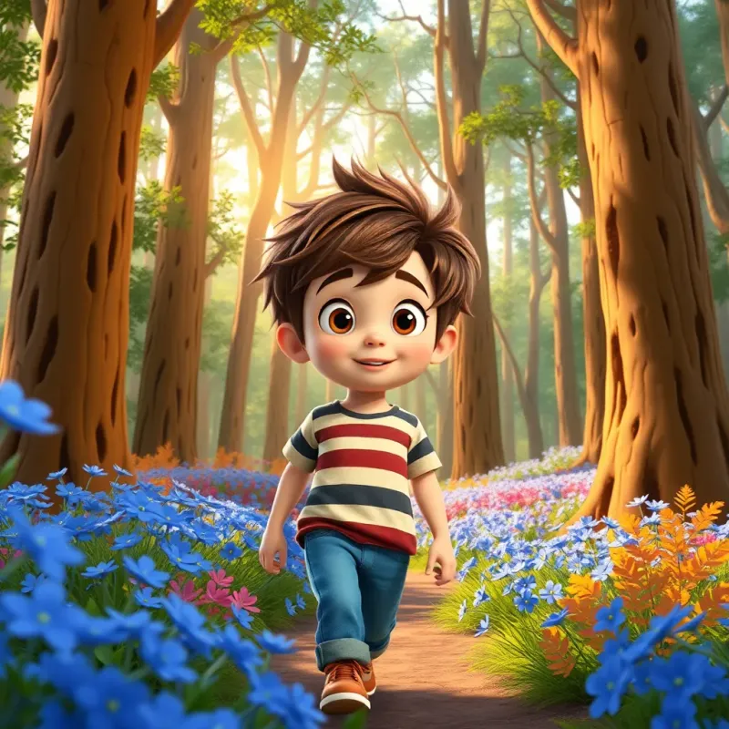 Jib, a brave young boy with messy brown hair in a striped t-shirt and jeans, walking through a colorful forest filled with tall trees and beautiful blue flowers, sunlight peeking through branches, cheerful and lively scene, illustration, engaging, child-friendly view, high quality