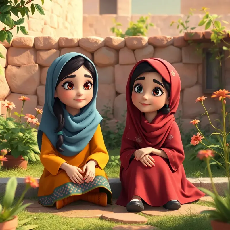 Yusra, a young Palestinian girl, sitting with her cousin Lama in a small garden in Lebanon, both looking determined and hopeful as they plan their bright future, digital art, warm colors, inviting atmosphere, high quality