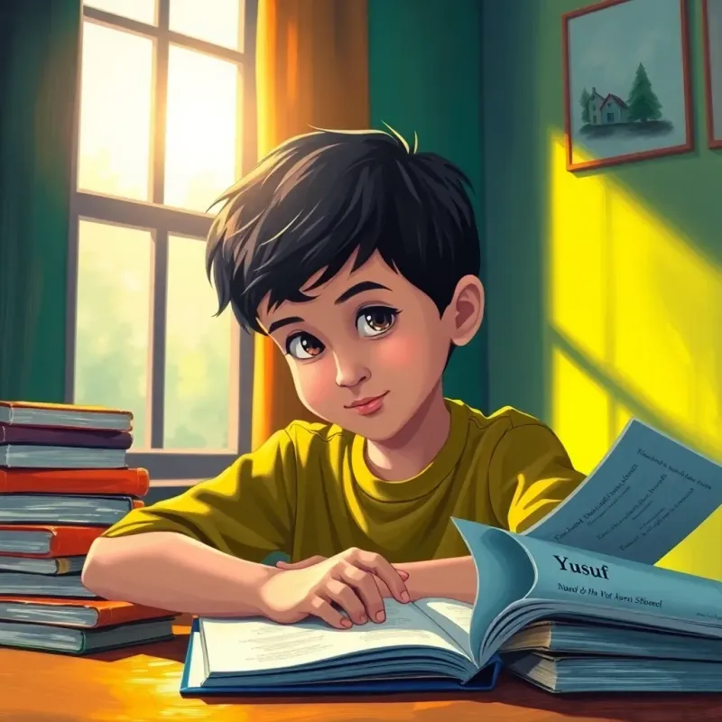 A young boy, Yusuf, with short dark hair, sitting at a desk, studying hard with books scattered around, sunlight streaming through the window, inspirational and cheerful ambiance, vibrant colors, illustrations of determination, high quality