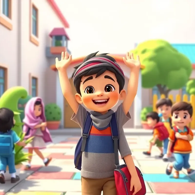 A young Arab boy named Ahmed, joyfully arriving at school, greeted by friends playing in the schoolyard, colorful playground, lively scene, vibrant colors, child-friendly