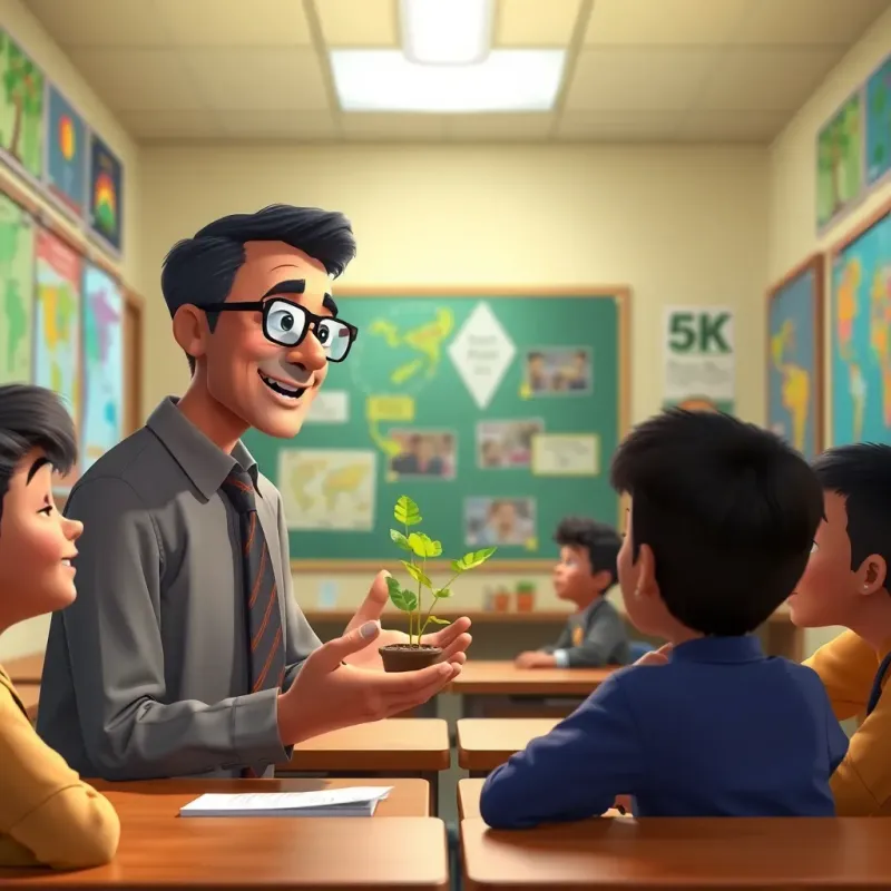 In a classroom filled with colorful posters, Mr. Said, a middle-aged male teacher wearing glasses and a tie, passionately explaining a lesson about plants to attentive students including Ahmed, detailed interior, bright lighting, engaging environment