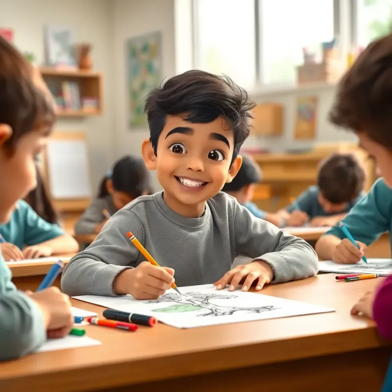A young Arab boy named Ahmed, happily drawing a tree at his desk, surrounded by classmates working on their drawings, bright classroom, creative atmosphere, child-friendly