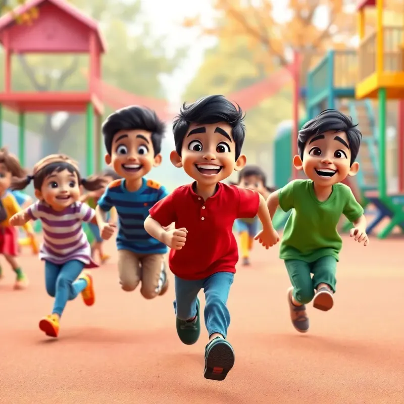 A vibrant playground scene with kids playing together, showcasing Ahmed and his friends running and laughing, colorful environment, joyful energy, rich colors, widescreen view