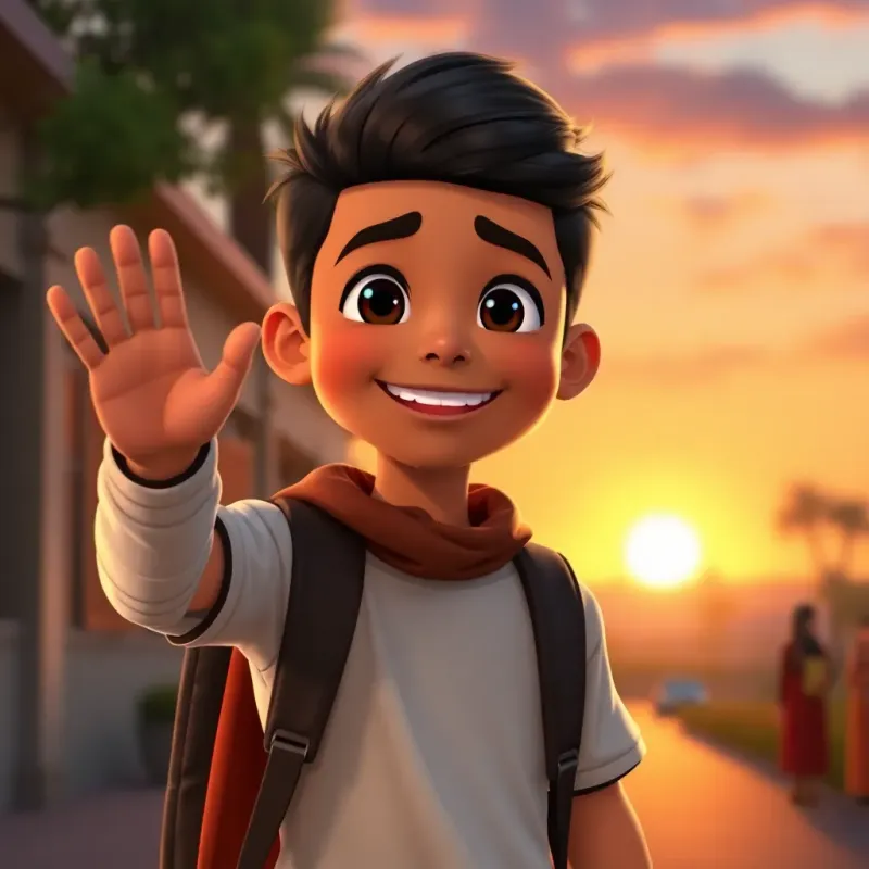 A young Arab boy named Ahmed, smiling as he walks out of school, waving goodbye to friends with a happy expression, sunset background with a warm glow, heartwarming atmosphere, uplifting