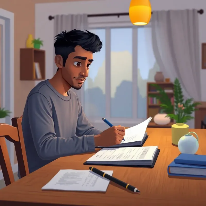 A cozy evening scene at home with Ahmed, reviewing his homework at the dining table, looking focused and determined, warm indoor light, comfortable atmosphere, welcoming feeling