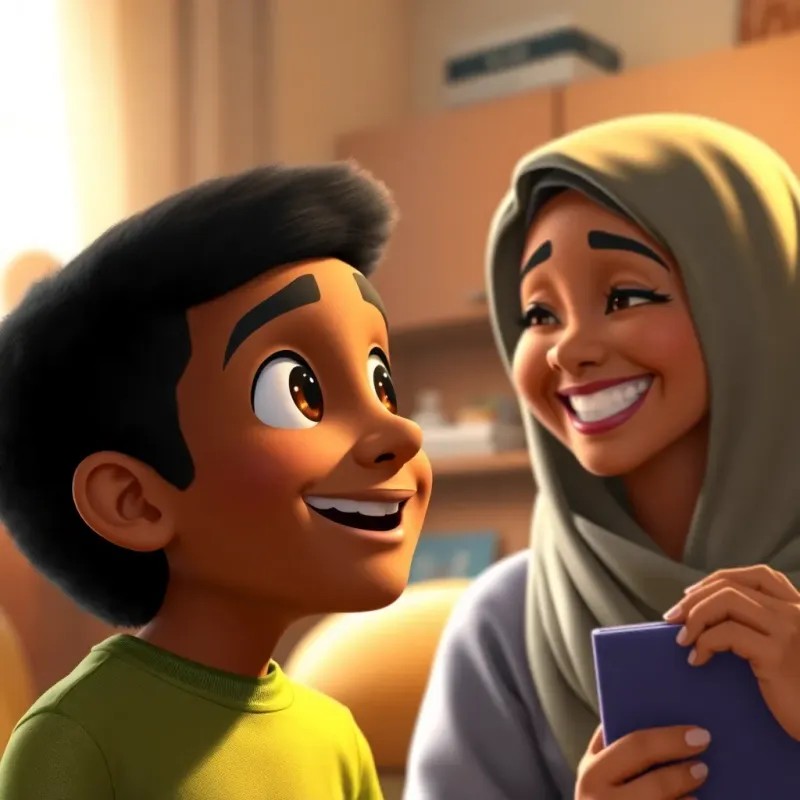 A close-up of Ahmed's proud face while discussing school with his mother, who is smiling and encouraging him, warm lighting, family atmosphere, nurturing environment