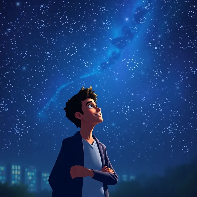 A magical nighttime scene where Ahmed imagines himself as the top student, thinking about his dream of success, starry background, inspirational vibe, visualizing dreams, high quality