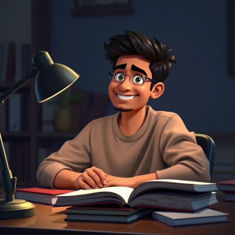 Ahmed smiling confidently while studying with books and notes, embodying the determination to be successful in school, illuminated by a desk lamp, cozy and focused ambiance, high quality
