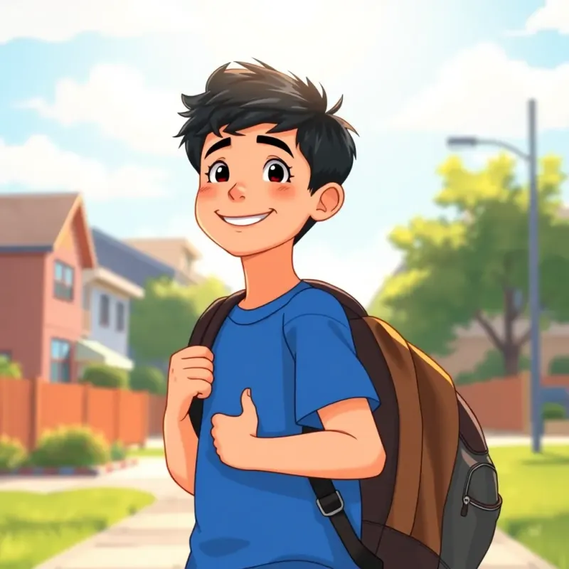 Sami, a young boy with short black hair, wearing a blue t-shirt, walking happily to school with a backpack, smiling at the sunny sky, vibrant colors, cheerful mood, detailed art