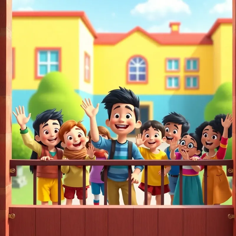 Sami's friends, a diverse group of children, waving at him excitedly from the school gate, wearing colorful clothes, happy expressions, bright school building in the background, playful scene, child-friendly