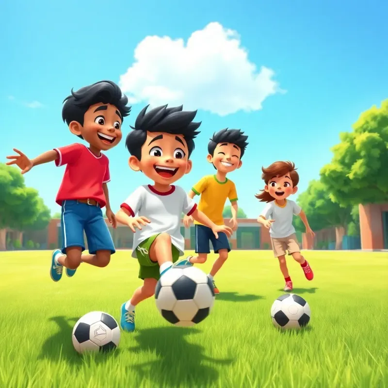 Sami and his friends playing football in the schoolyard, laughing and enjoying their time together, green grass around, clear blue sky, energetic scene, sports theme, vibrant colors