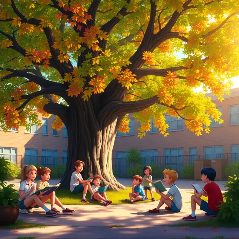 A large tree in the schoolyard with children sitting under it, sharing stories and laughing, colorful leaves, warm sunlight filtering through, happy atmosphere, friendly gathering, detailed art