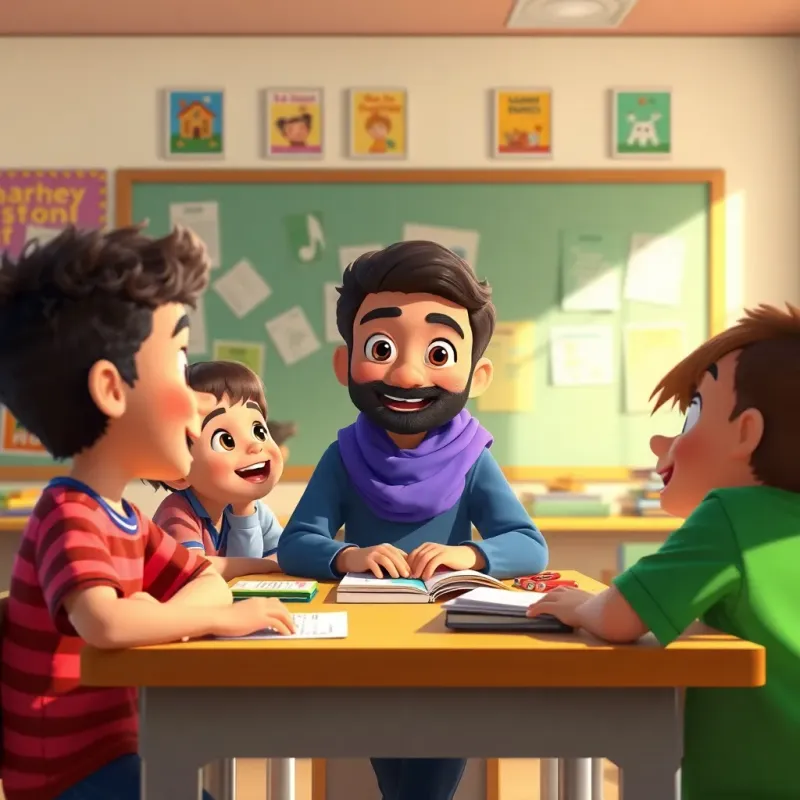 Sami and his classmates in a classroom with a kind teacher, learning with joy, colorful posters on the walls, bright and inviting environment, educational scene, lively and engaging