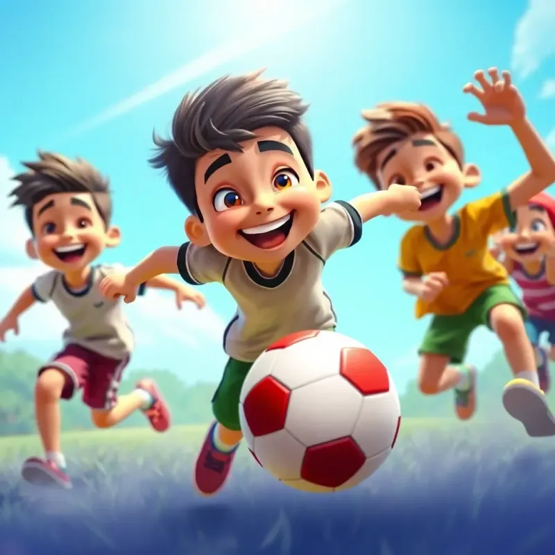 Sami playing football with his friends, joy on their faces, with a clear blue sky and vibrant background, action shot, dynamic and fun