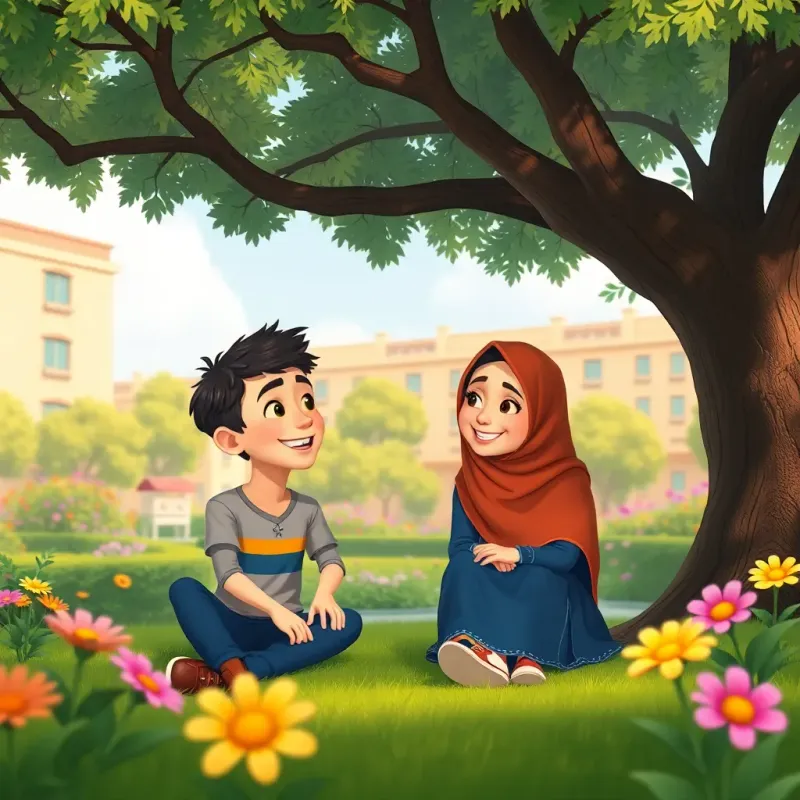 Sami and his friend Leila sitting together under the tree, smiling and chatting, school buildings and vibrant flower garden in the background, warm light, friendship theme